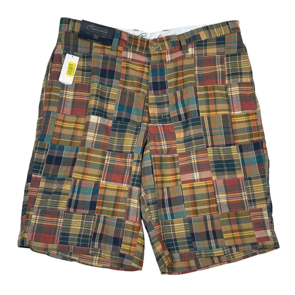 NWT Roundtree & Yorke Casuals Madras Patchwork Cotton Shorts Mens 36 Brown Green